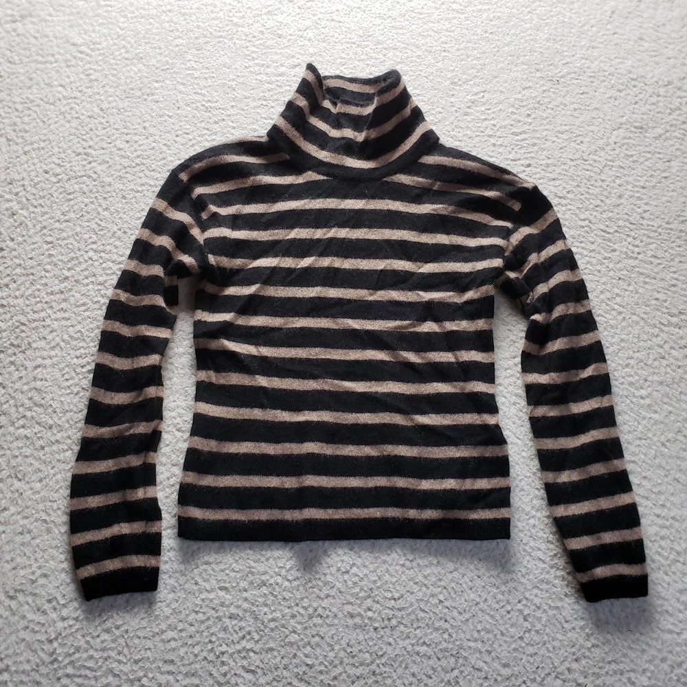 Halston Sweater Womens Small Black Striped Turtleneck Long Sleeve Knit Cashmere